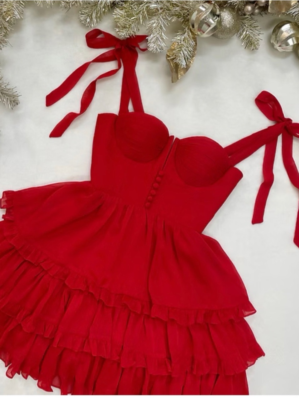 Strap Tie Red Ruffled Mini Dress - Picture 2 of 3